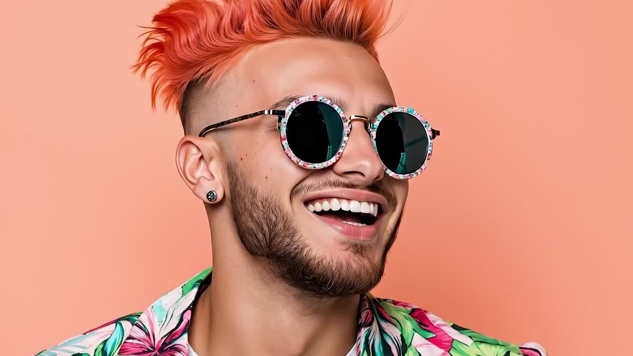 A man with red hair wearing sunglasses and a floral shirt