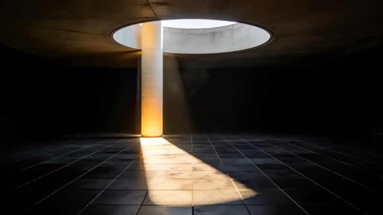 Sunlight angle shifting, skylight beam drifting across grid floor in rotunda, lighting pillar, dust