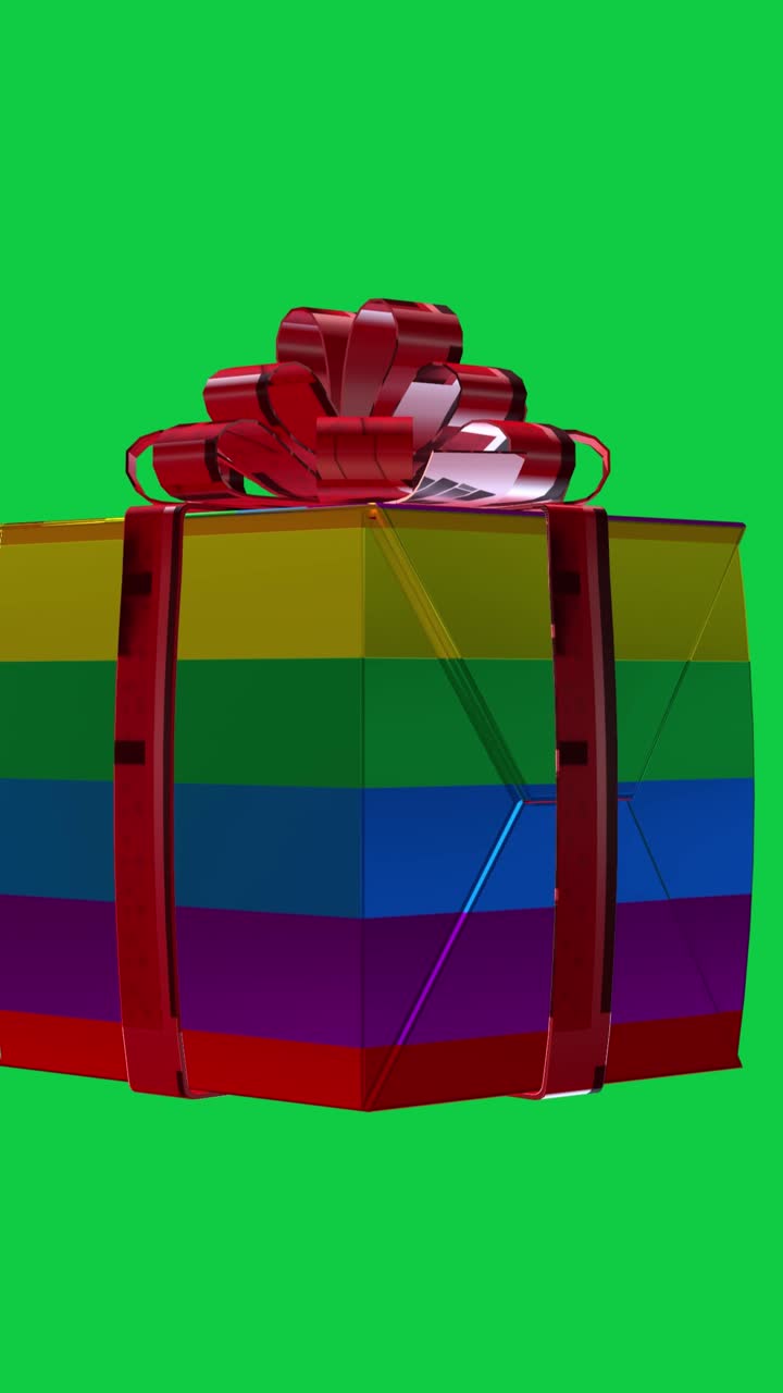 Confezione regalo rotante con i colori della bandiera arcobaleno LGBT per la celebrazione del mese del Pride su schermo verde per chroma key.