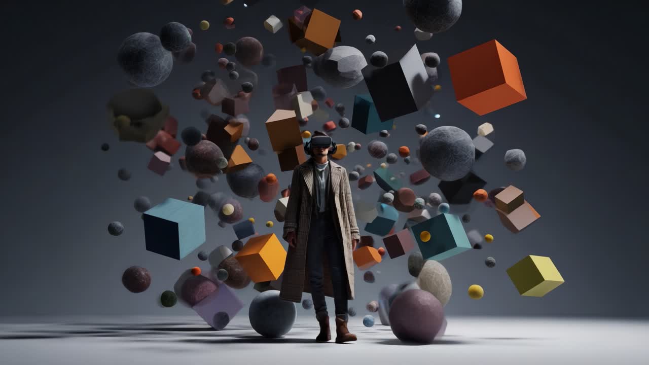 A Captivating Display of Abstract Shapes and Forms Surrounding a Figure, Showcasing a Blend of Colors and Textures in a Creative Artistic Setting