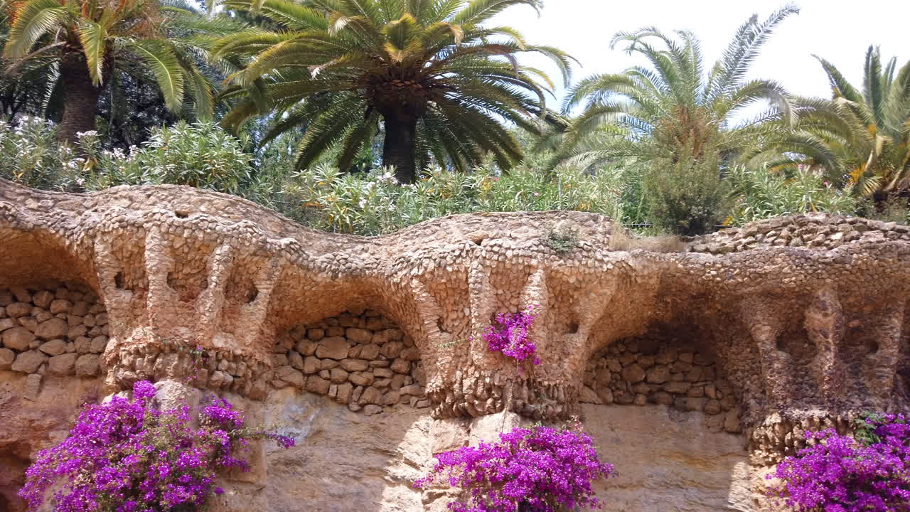 Architectural elements in Park Guell located on Turo del Carmel in Barcelona, Spain
