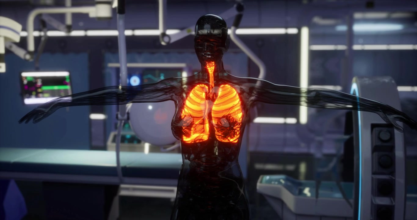 Lungs highlighted in a 3d model within a medical facility environment