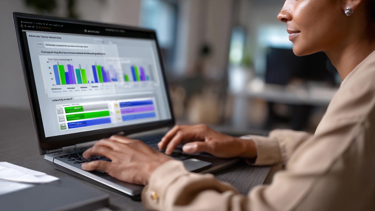 Focused Professional Analyzing Data Insights on Laptop Screen with Colorful Graphs and Charts in Modern Office Environment for Presentation or Report Preparation