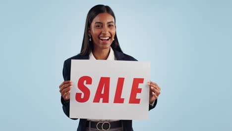 sale sign, business woman and face excited