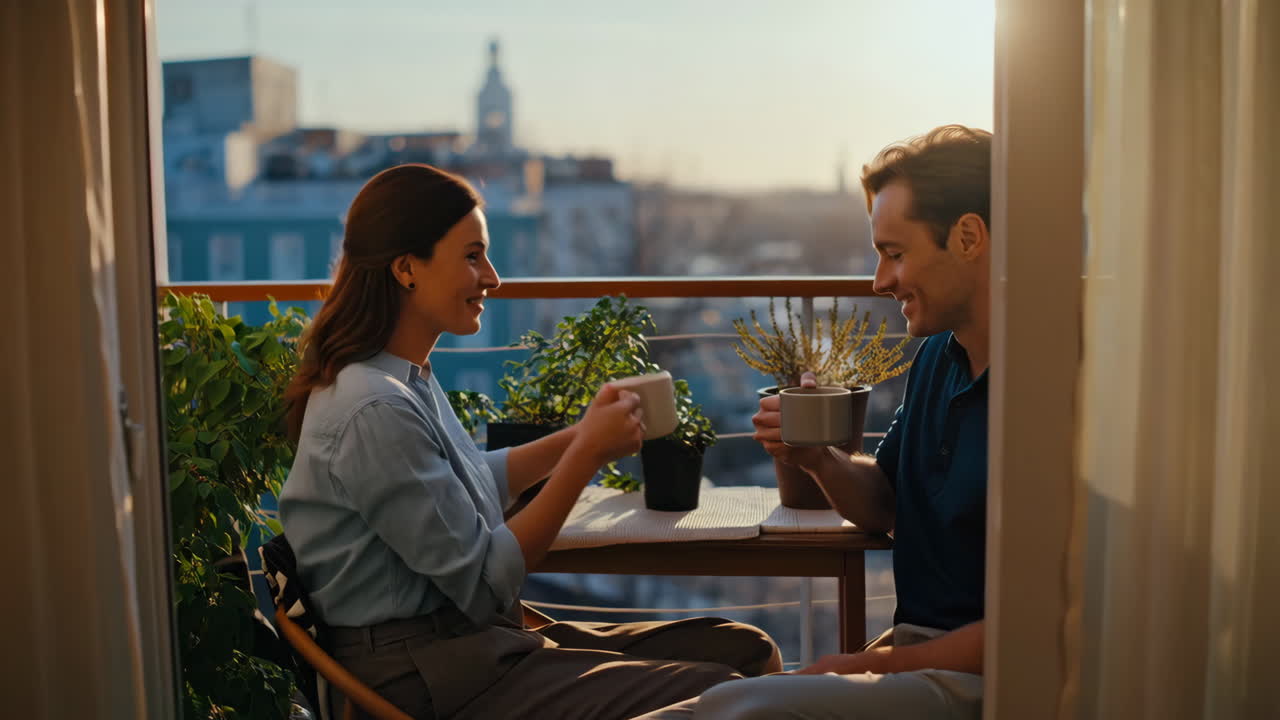 Couple enjoying coffee on a balcony at sunset