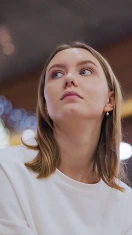 dama mirando a su alrededor contemplativamente en un entorno interior festivo con fondo borroso con luces decorativas y bokeh con iluminación ambiental cálida