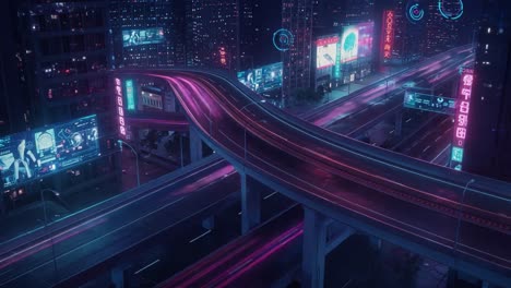 futuristic cityscape: a vibrant night in a neon-illuminated metropolis showcasing lively overpasses and dynamic light trails reflecting urban energy