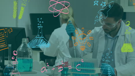 animación de múltiples iconos de conceptos científicos sobre un científico caucásico que trabaja en un laboratorio