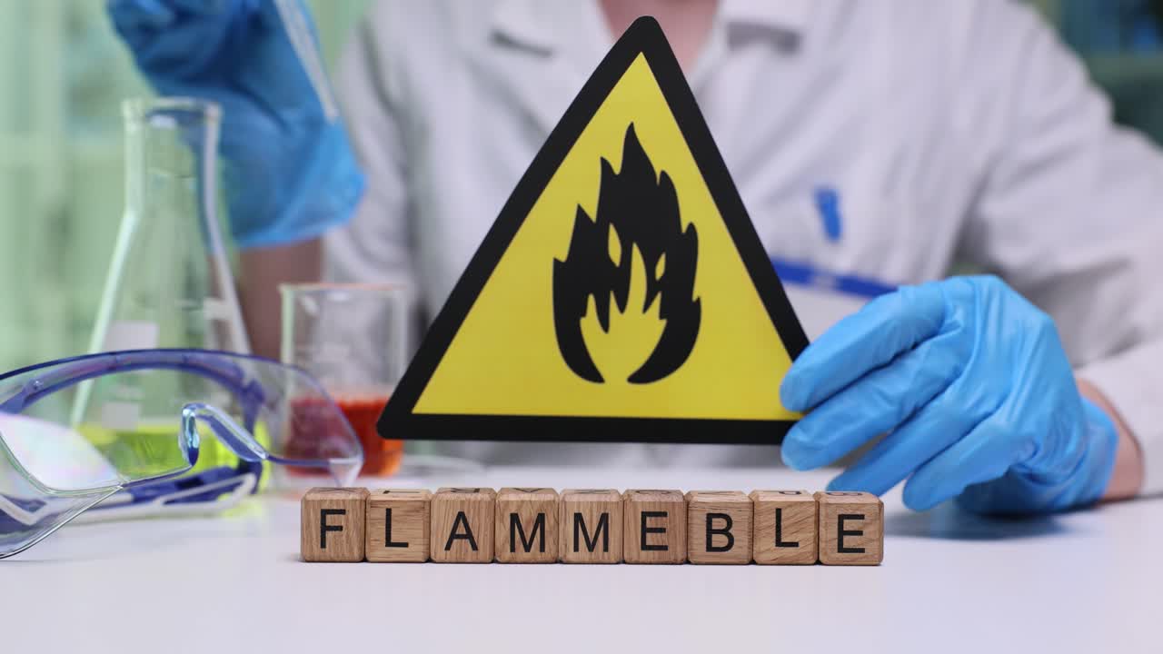 Cubetti di legno su un tavolo da laboratorio formano la parola infiammabile, opera di uno scienziato
