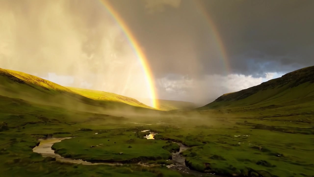 Panorama yang Memukau Mengabadikan Pelangi yang Bersinar Menerangi Lembah yang Rimbun Saat Matahari Menembus Awan, Menciptakan Pemandangan yang Magis dan Tenang