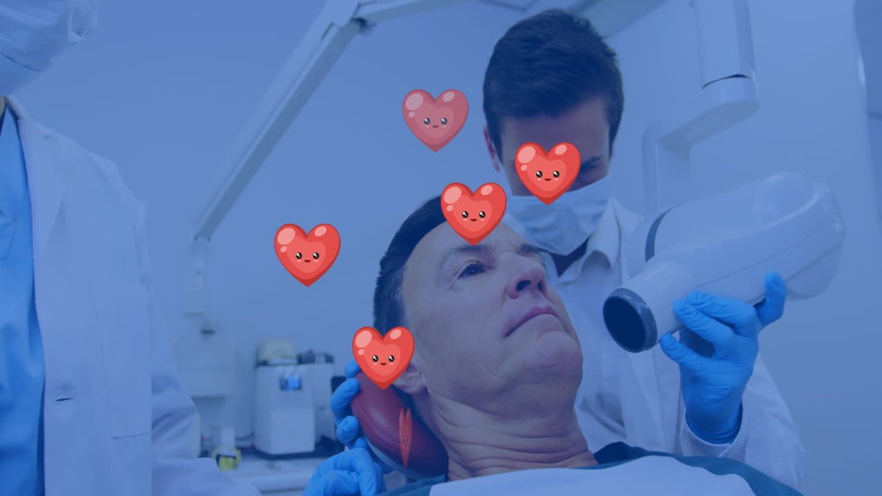 백인 남성 치과의사가 백인 남성을 치료하는 백인 남성 위에 심장 아이콘의 애니메이션
