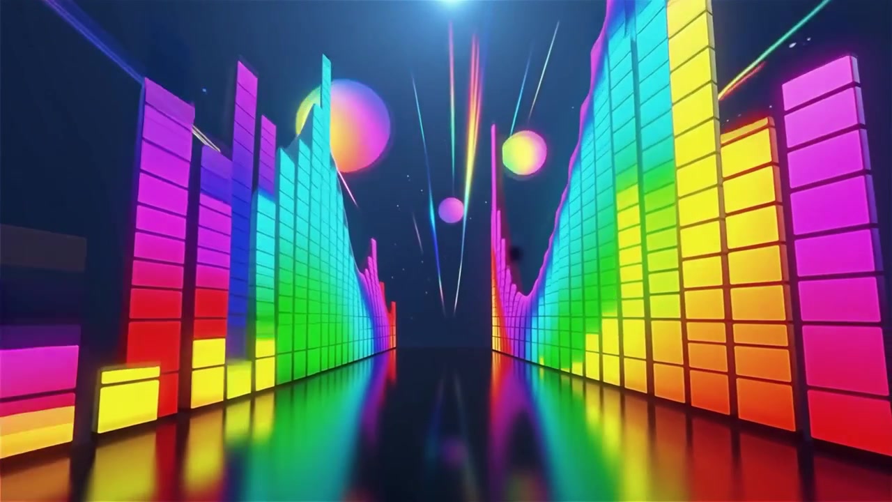 Sfondo visualizzatore equalizzatore musicale neon arcobaleno futuristico.