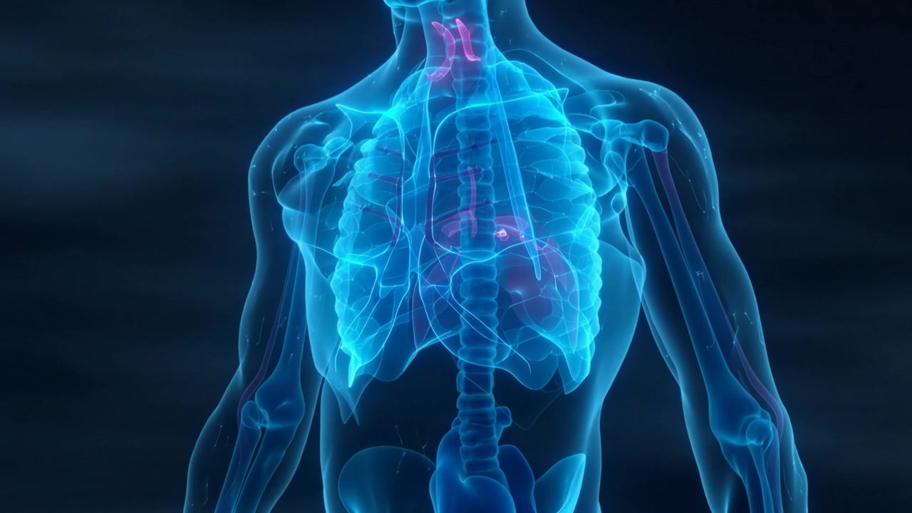 Animazione di un torso in un laboratorio blu che mostra un impulso rosa che parte dalla gola e scorre attraverso la trachea nei polmoni.
