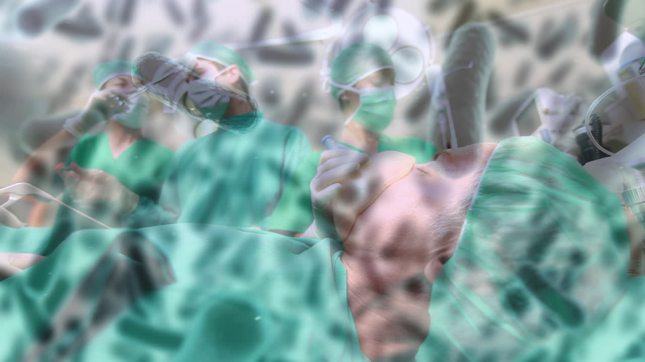 수술실에서 얼굴 마스크를 착용하는 다양한 외과 의사들에 대한 코로나 19 세포의 애니메이션