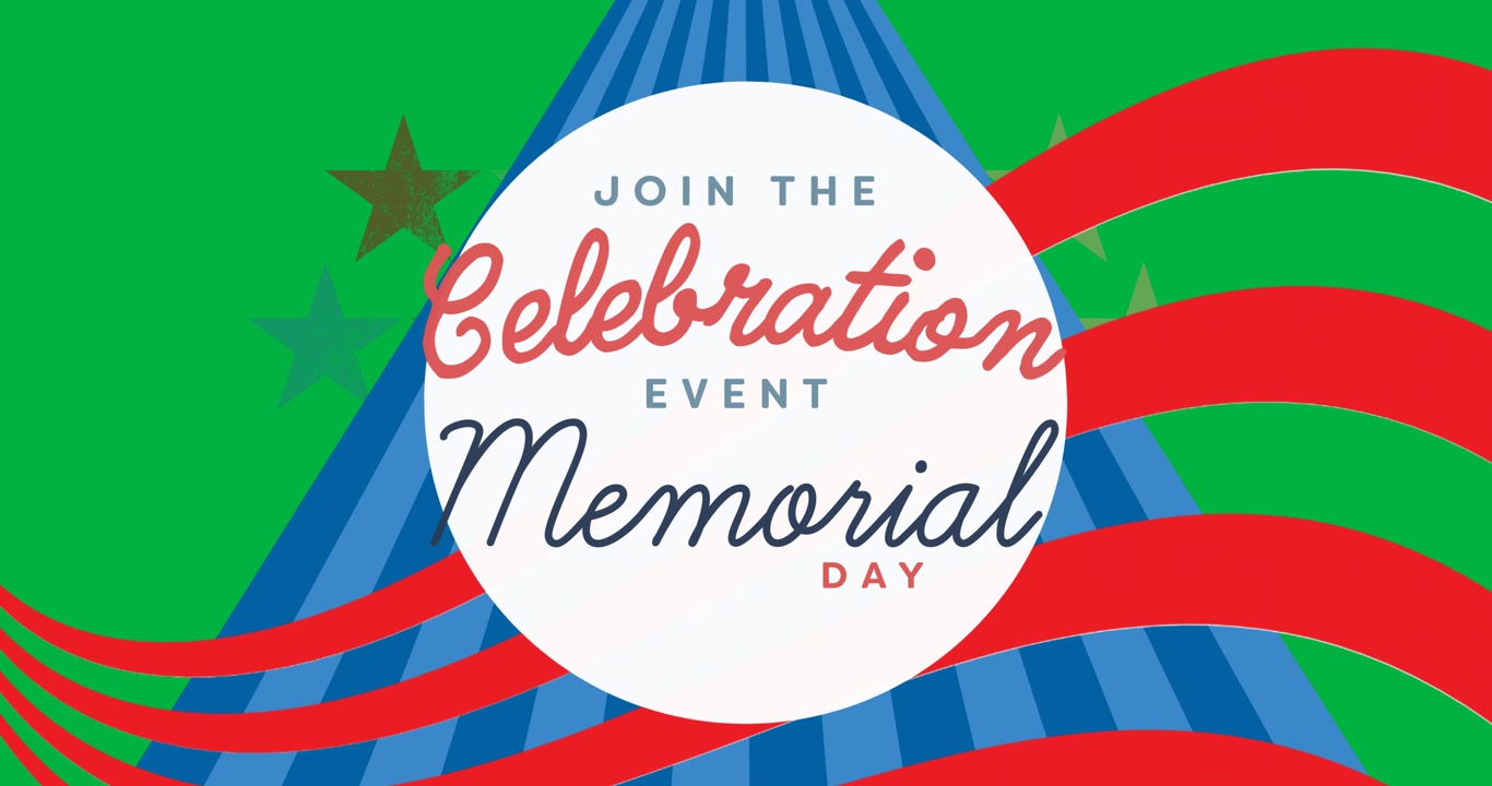 Texto 'Happy Memorial Day' em banner branco sobre linhas onduladas vermelhas contra listras radiais azuis e estrelas