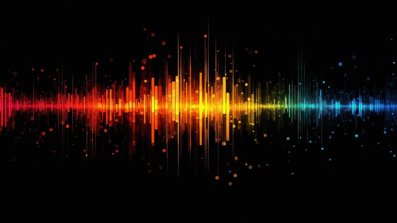 Vibrant audio waveform in rainbow colors on a black background, viewed from a straight-on angle
