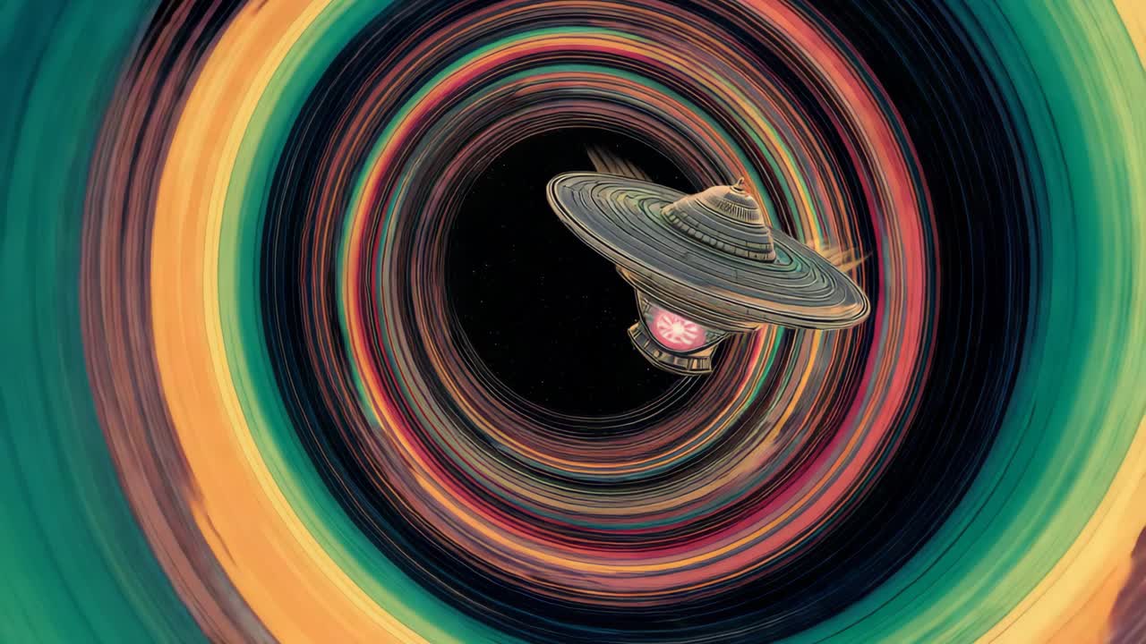 A spaceship traveling through a colorful wormhole