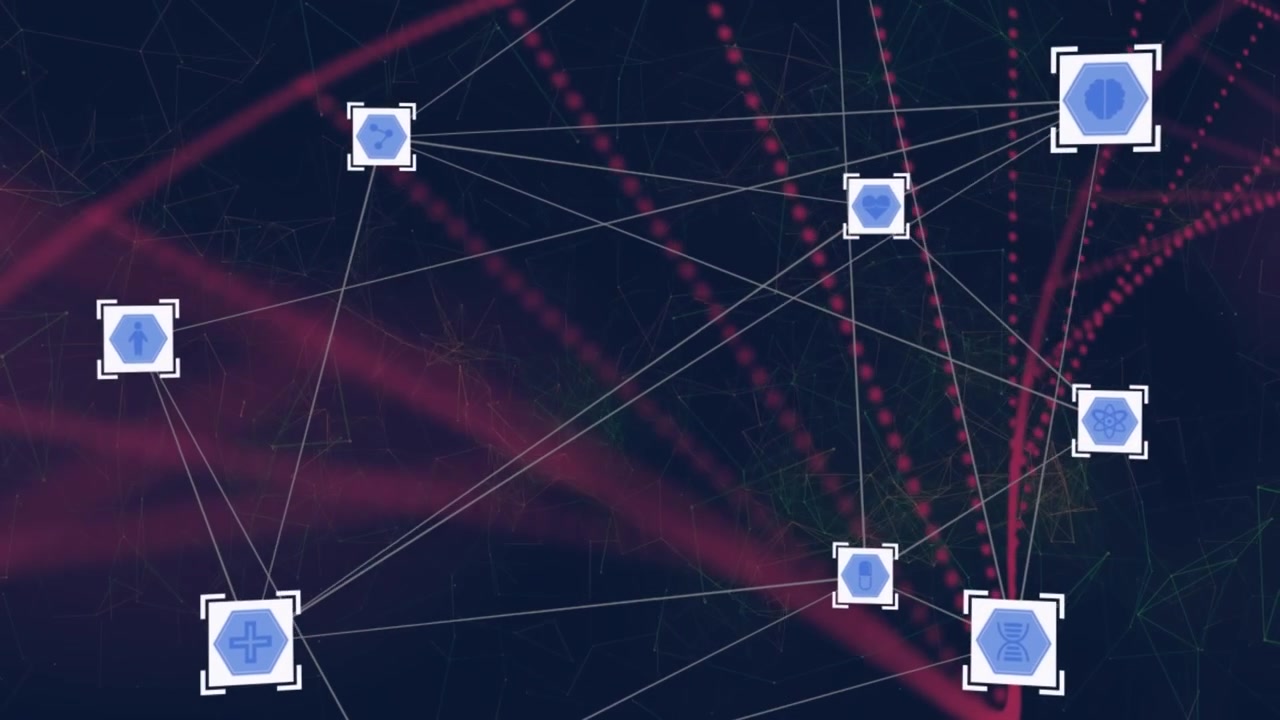 Animation of network of digital icons and dna structure against purple background