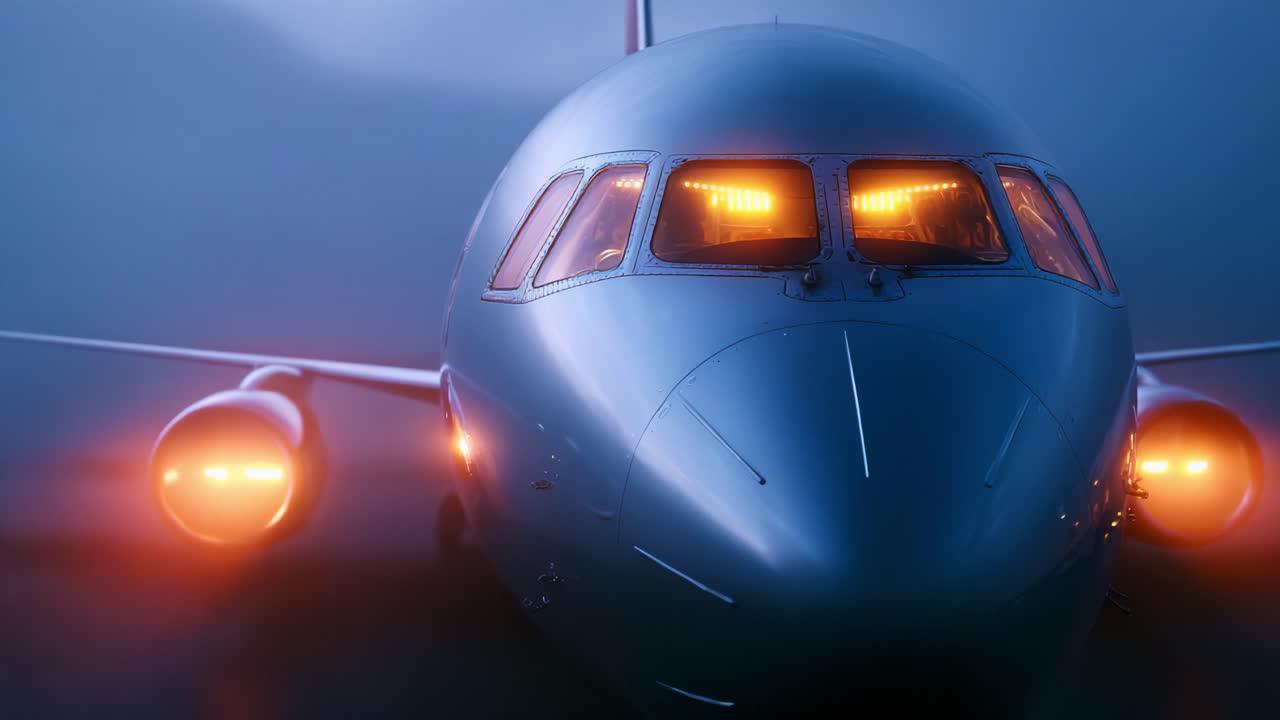 The Majestic Presence of an Aircraft: A Close-Up Perspective of a Modern Jetliner Bathed in Ethereal Light within a Misty Atmosphere, Exuding a Sense of Adventure and Exploration in the Sky