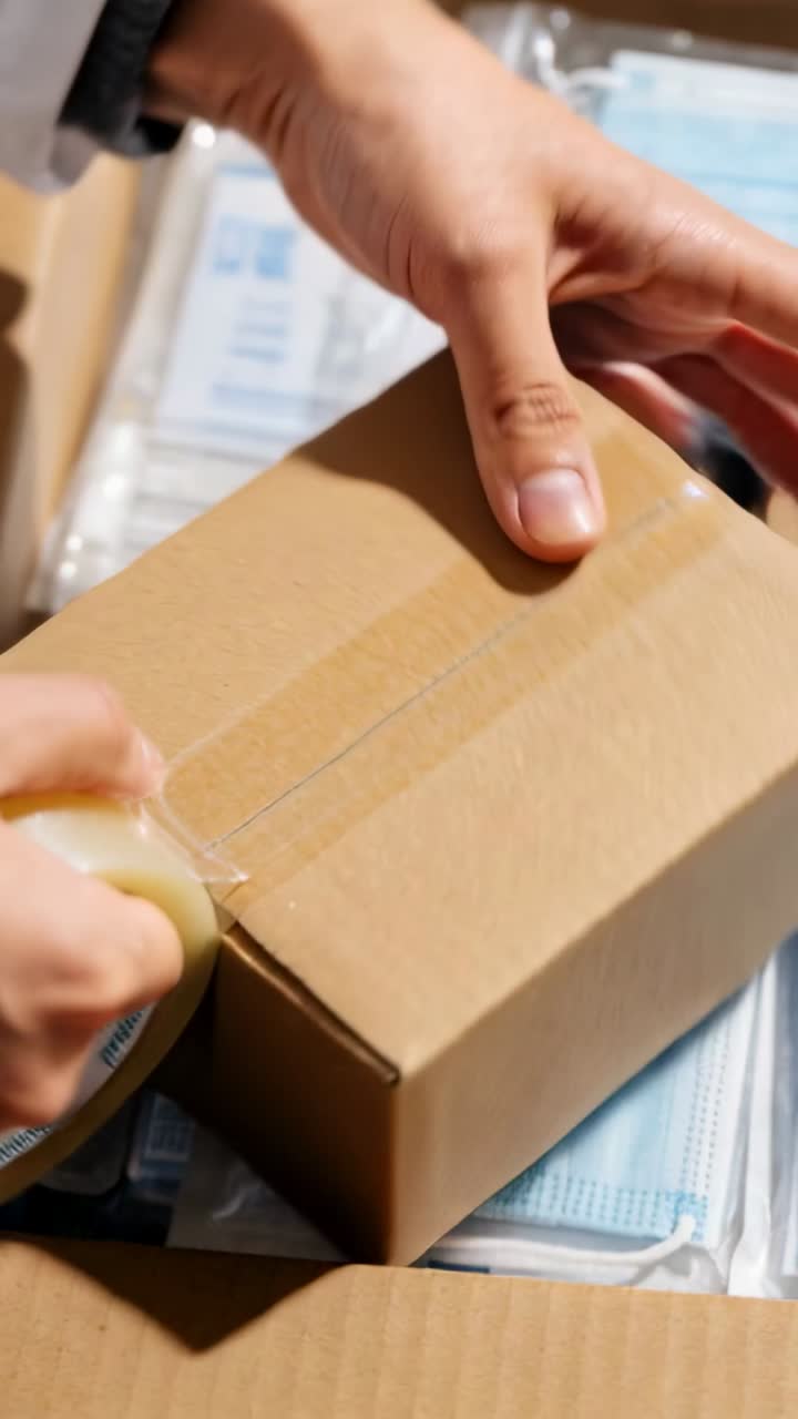 Vertical video: Placing hand, man with cuff pulling tape, sealing box at pack table to secure masks