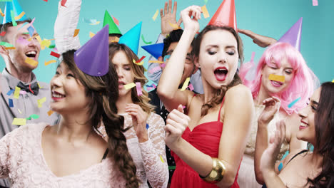 Multi-racial-group-of-happy-people-dancing-with-bubbles-slow-motion-party-photo-booth