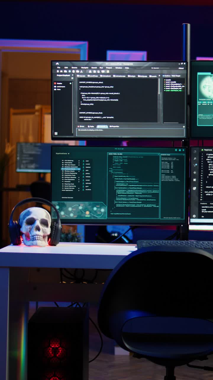 Video verticale. Codice in esecuzione su monitor in un appartamento vuoto utilizzato da un hacker che ruba segreti di Stato