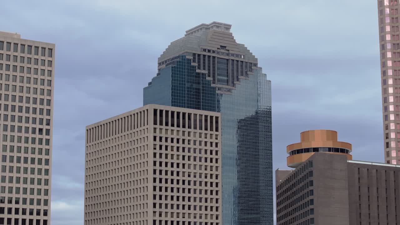 Tall building in Downtown Houston with overcast weather