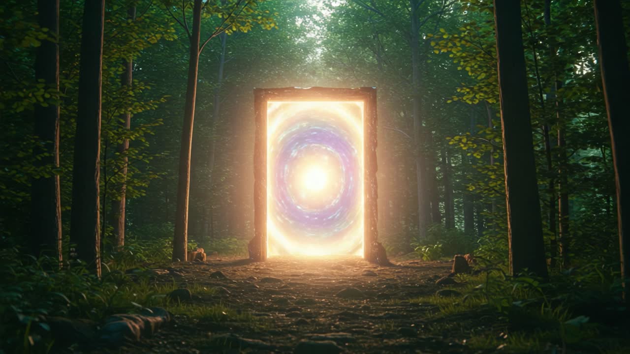 A Mystical Portal Glows in the Heart of the Enchanted Forest, Leading to an Unknown Dimension of Wonders and Possibilities, Surrounded by Lush Greenery and Serenity
