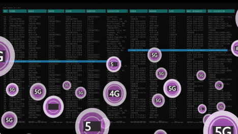 animación de símbolos 5g sobre tablas de datos con códigos y ubicaciones