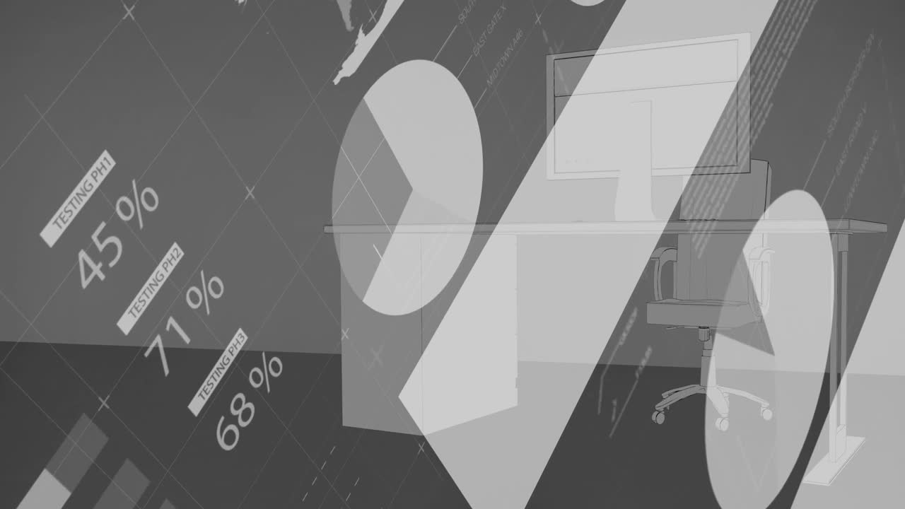 Statistical data processing against 3d office desk design on grey background