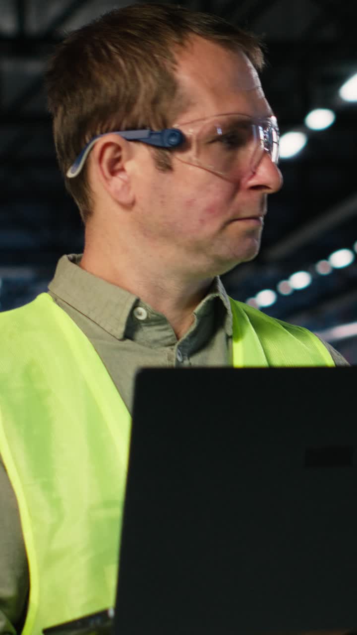 Vertical Video Male engineer supervises workshop fabrication equipment and checking laptop