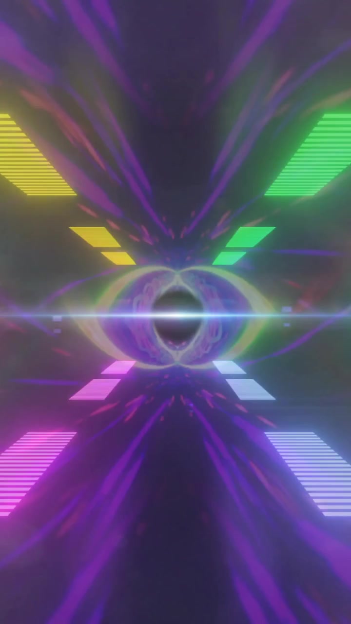 Animazione di raggi di luce colorati e forme geometriche su sfondo scuro