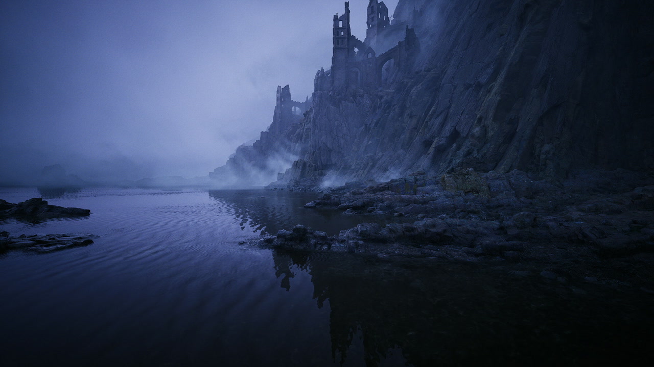 Ethereal coastal scene serene moonlit coast with fog and reflections