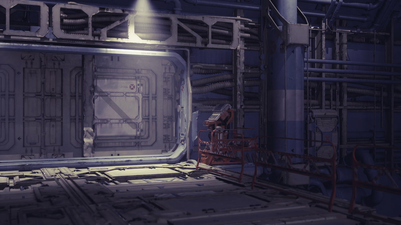 Vacant spacecraft shelter featuring metallic panels and scattered tools