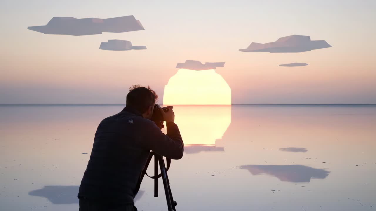 幾何学的な雲と、反射する塩原に沈む超現実的な夕焼けを捉えた写真家の作品。