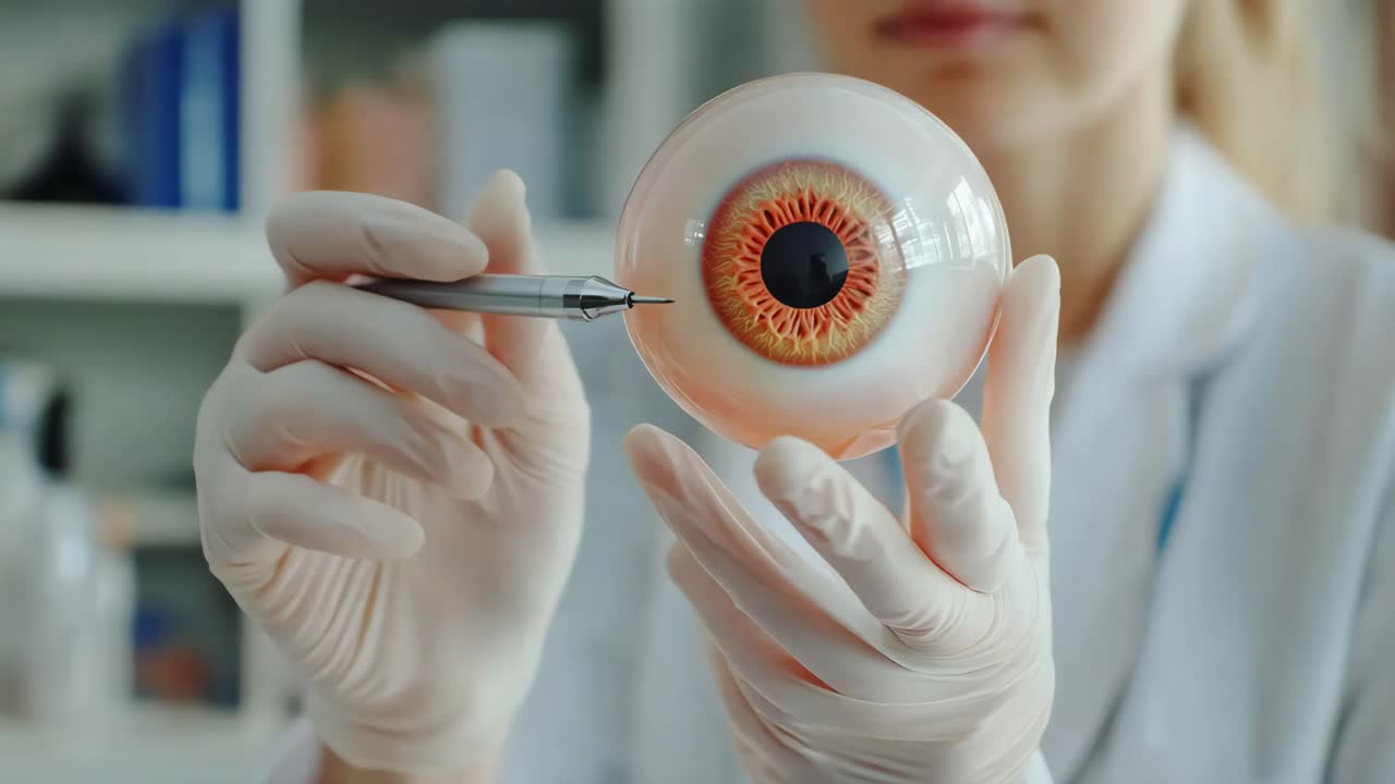 Doctor examining a model of a human eye