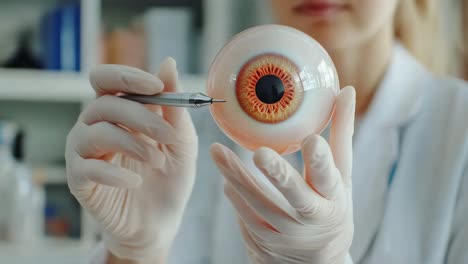 doctor examining a model of a human eye