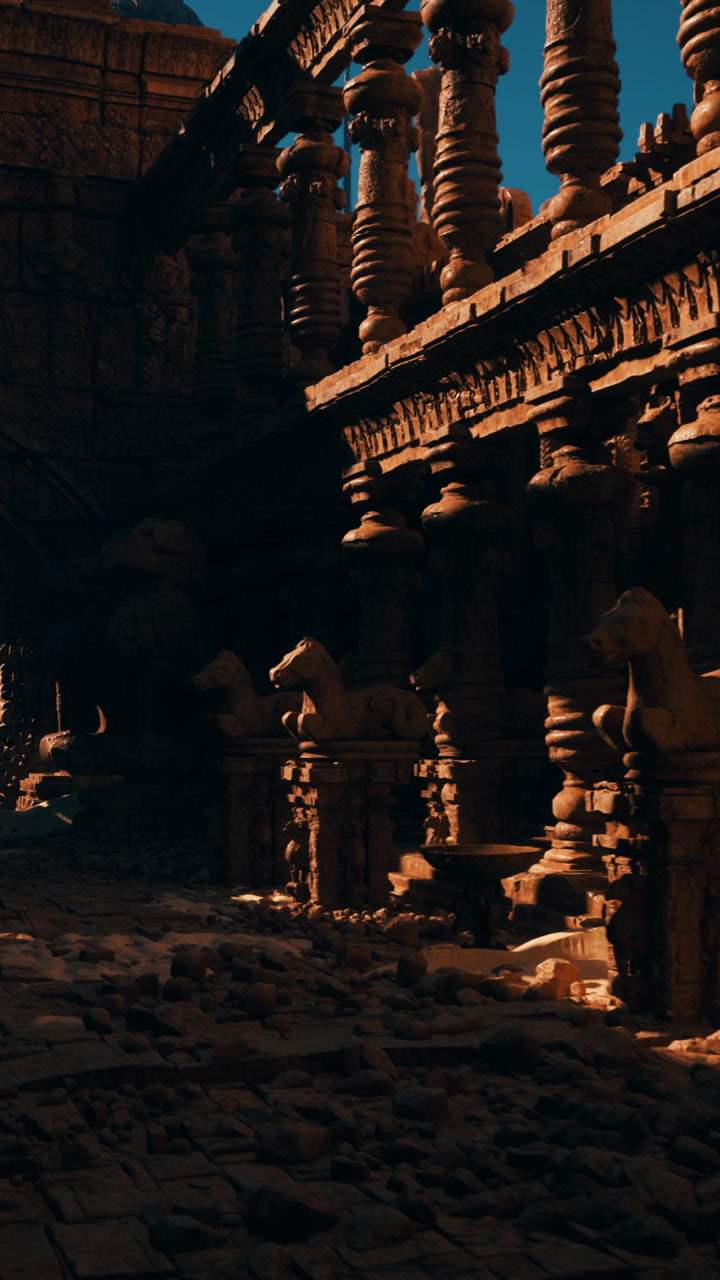 Ancient ruin atmosphere silent interior with carved stone walls and beams