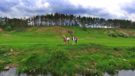 crossing the river to the bank where a couple holding horses stands. drone flies over the meadow on cloudy summer daytime.