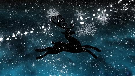 animation of snow falling over reindeer on black backrgound