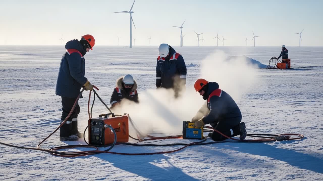 Engineers Conducting Research in Icy Environment with Equipment as Wind Turbines Stand Tall in the Background, Exploring Renewable Energy Solutions