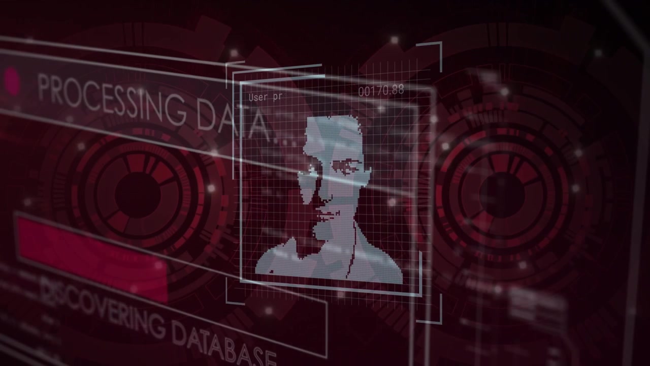 Animation of scope scanning over data processing and diverse people portraits