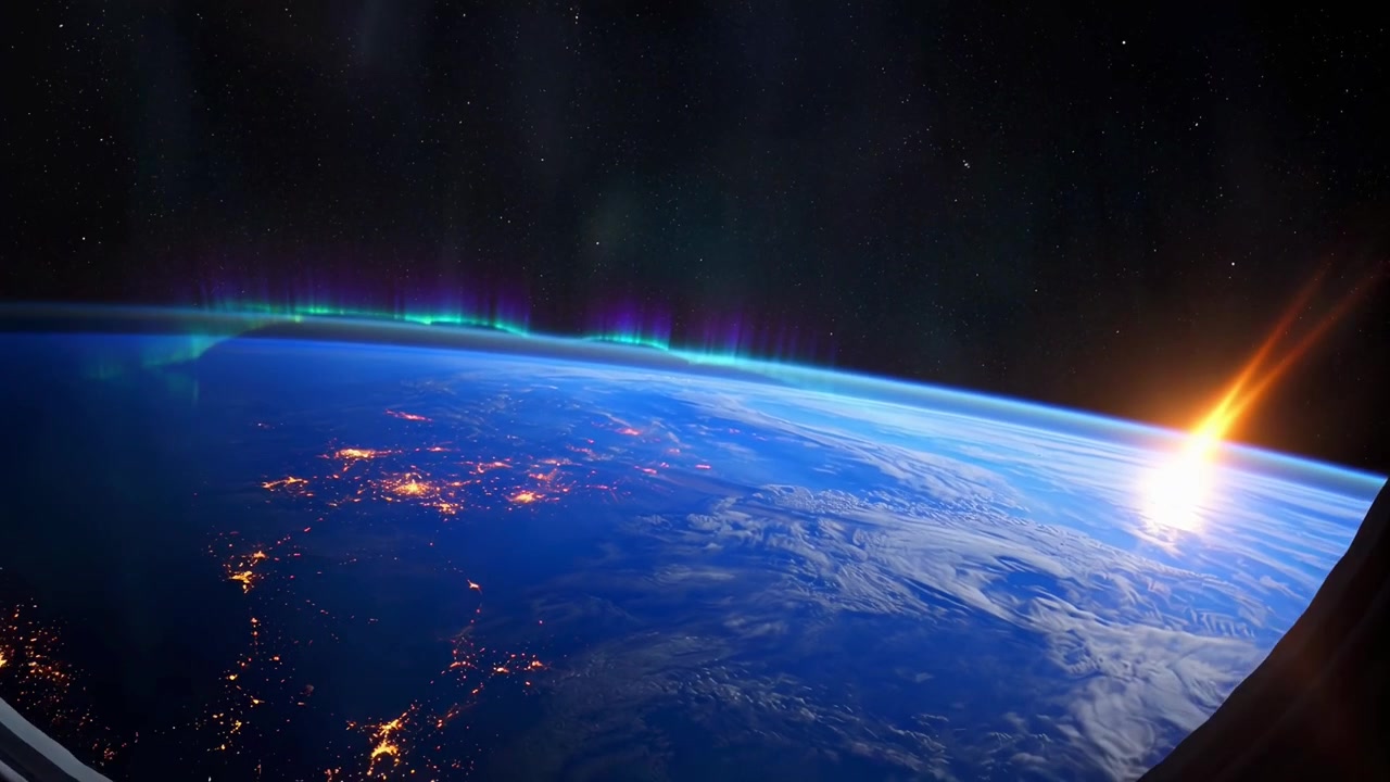 Sunrise Over Earth With Aurora Borealis Seen From Space