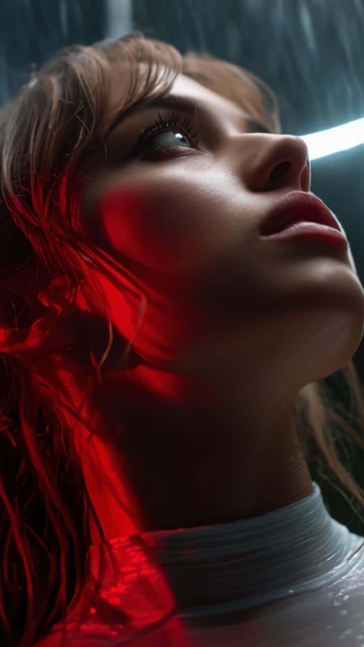 Ein dramatisches Porträt einer jungen Frau im Weichzeichner unter abstraktem Licht und Regen, das Intensität und Emotion in einer surrealen, künstlerischen Szene einfängt.