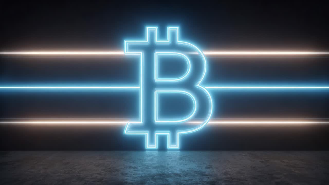Illuminated Bitcoin Symbol Against a Dark Wall with Neon Lines, Representing Digital Currency and Modern Finance Concepts in a Futuristic Setting