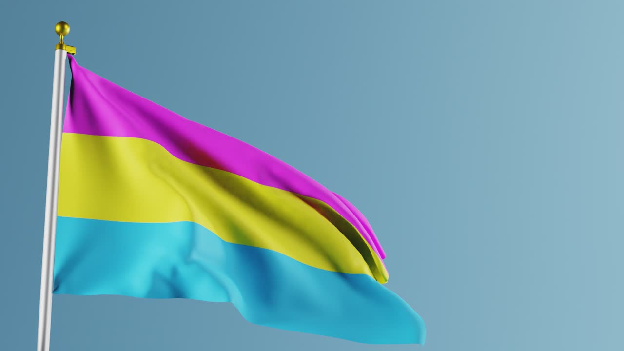 bandera del orgullo pansexual ondeando contra un fondo azul