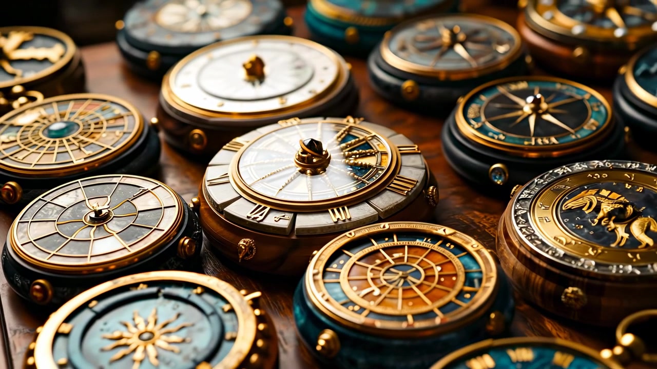 Collezione di orologi da tasca astronomici vintage ornati su superficie di legno. Primo piano di astrolabi antichi in ottone e orologi astronomici con intricati quadranti celesti.