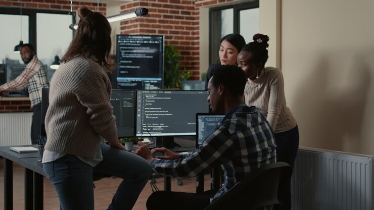 Software developers discussing about programming while the rest of the team joins the discussion