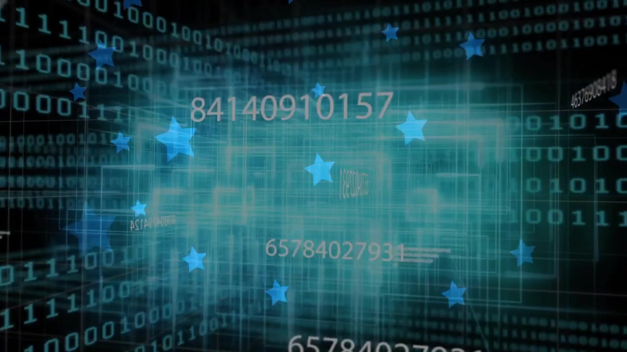 On fade in, cyan 3D wireframe grid pulsing, binary digits and star icons streaming visualizing data