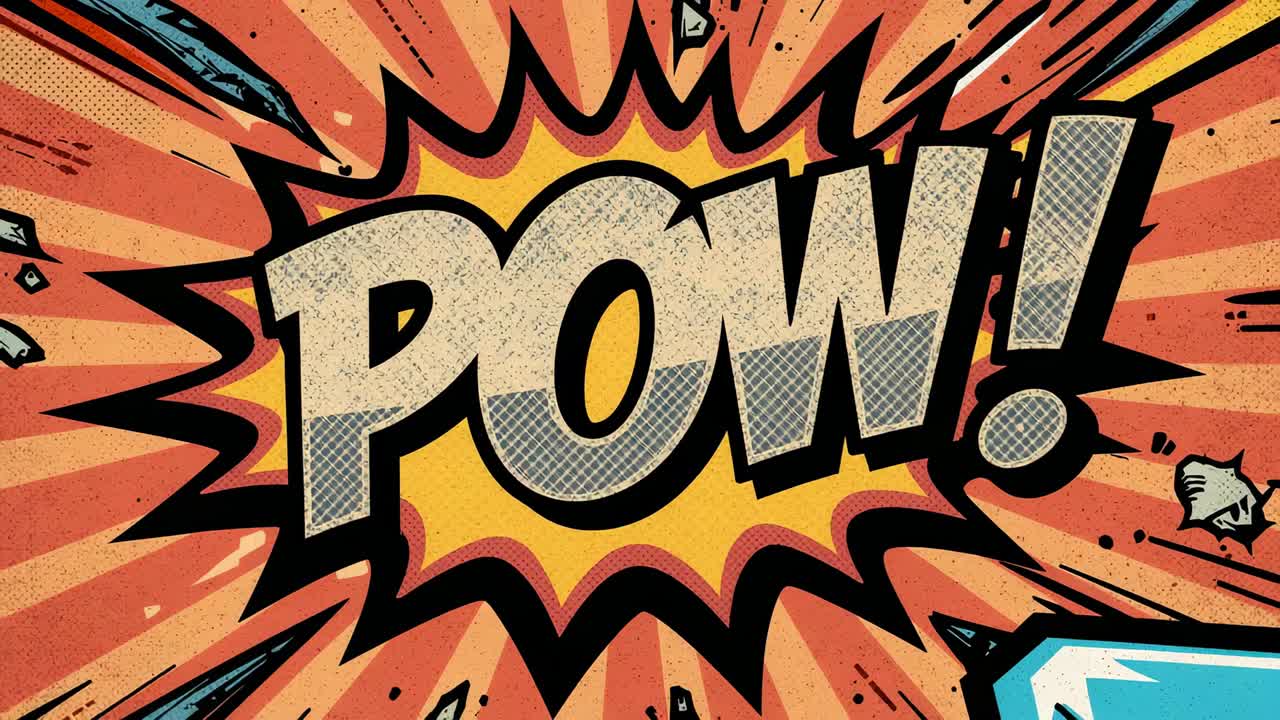 Animazione di una grafica POW! in grassetto che pulsa in un pannello pop-art, carrellata in avanti e sweep di luce che amplificano l'impatto